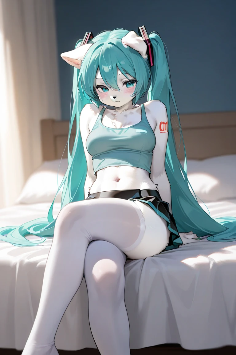 Hatsune miku x suicune add_detail:1 aqua fur Masterpiece High quality High resolution、Anna Tanaka , wide, Sit with your knees bent、Eight-headed body、beauty legs 、At a school、As if looking up from below、embarrassed add_detail:1 nude
