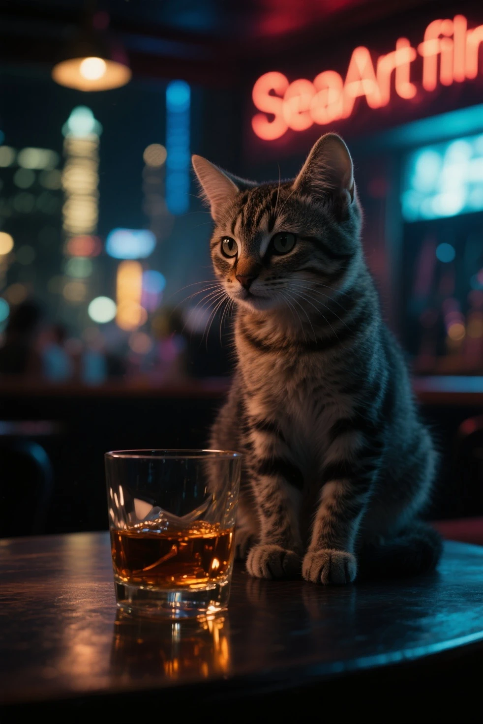 Generate me an ultra realistic image of a cat drinking a glass of alcohol on the terrace of a bar where there is a big ! Le chque 4 pattes