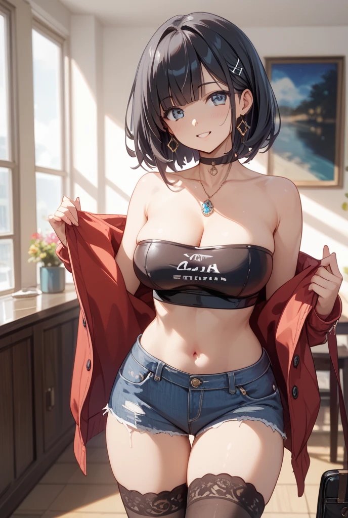 masterpiece, best quality, absurdres, highres, (official art, beautiful and aesthetic:1.2), ultra detail, beautiful person, mature female, 1girl,
narrow waist, wide hips,
underboob, cotton pencil skirt, upskirt, white thong, pantyshot, yellow eyes,
ccbalti, short hair, ahoge, french braid, black choker, bare shoulders, cleavage, white sports bra, white shirt, black jacket, open clothes, off shoulder, long sleeves, outdoors,
, <lora:jean_divineElegance:0.6> <lora:baltimore_v1:0.4>