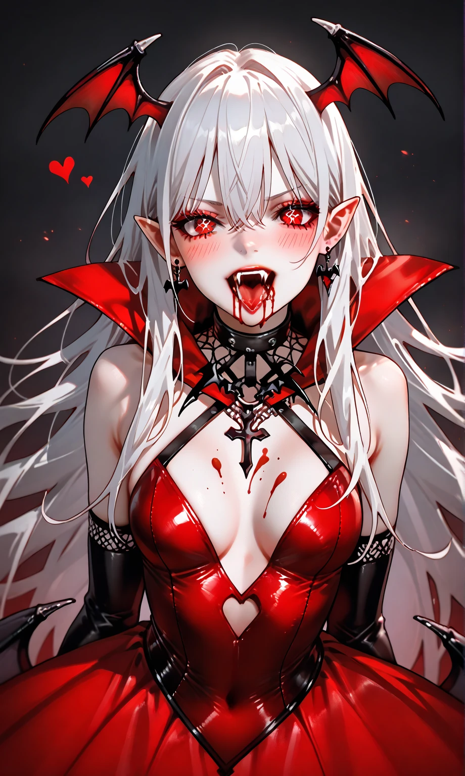 ((Nsfw, Vulgar)),wet-on-wet oil painting depicting a dark angel, a semi-realistic full body portrait, blood on the angel face,, red eyes, gorgeous painting, breathtaking, semirealistic, beautiful colors, evil, beautiful red eyes, detailed textures, dark feathers, blood, white hair, evil grin, evil smile