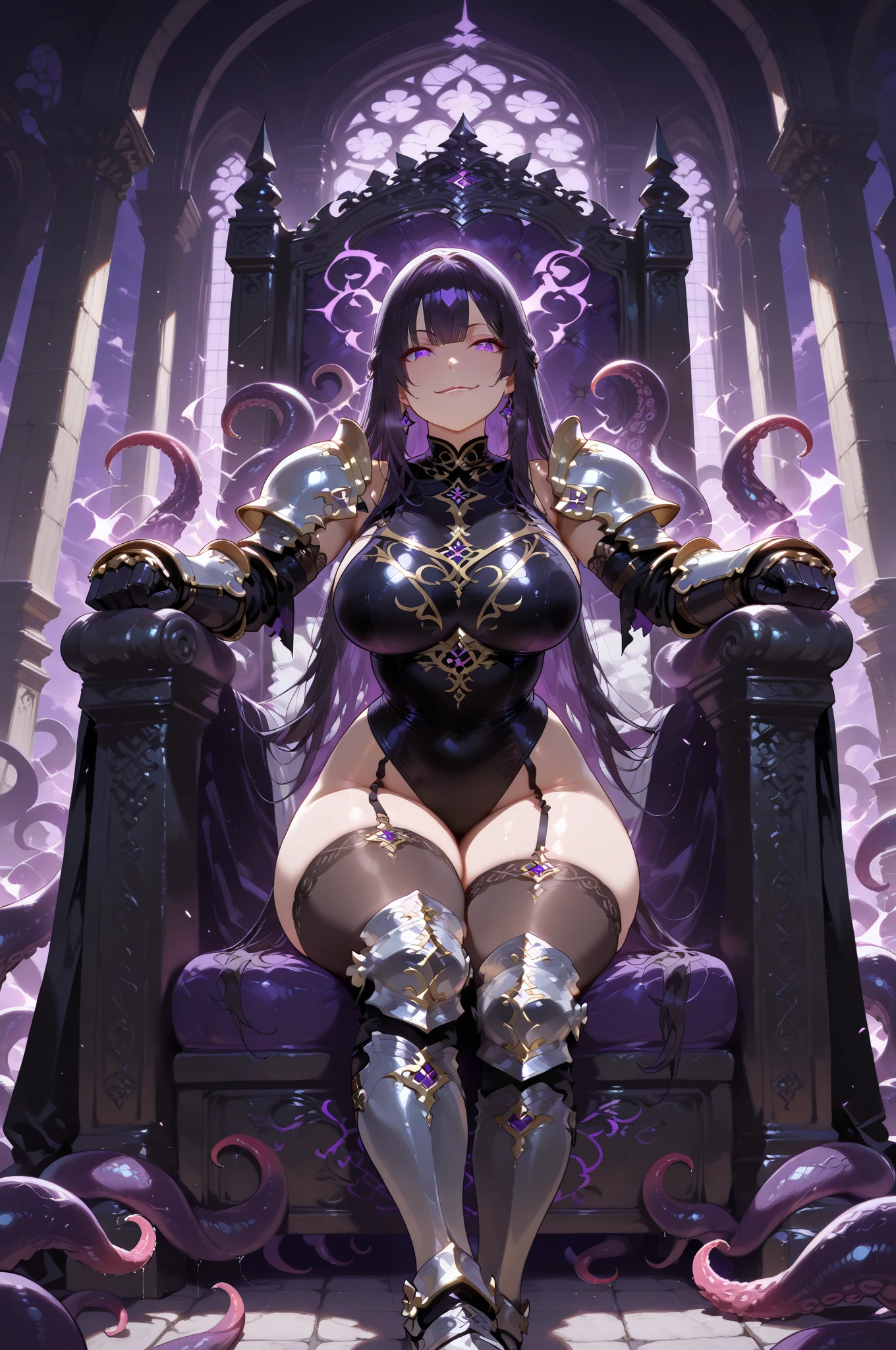 (waifu), ((sitting on giant throne)), ((huge throne)), throne on top of moving machine, more background, medieval, (full body), (high resolution), (high res), great quality, mature, perfect eyes, strong shadows, detailed face, detailed abs, direct light, under light, strong jaw, massive ass, neon lights, thick thighs, long torso, wide waist, skinny torso, fit, perfect face, neon light, (tight armor), (colorful vibrant light),