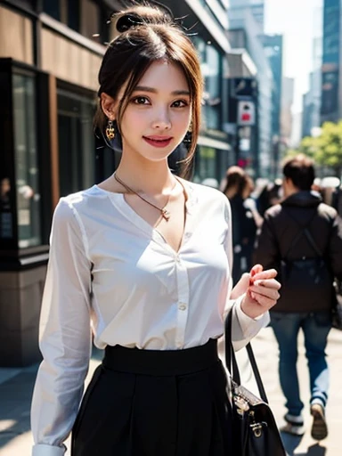 Woman in a suit standing on the sidewalk,((25-year-old woman))、small Breasts、Dark brown hair color、Hairstyle with bangs、Various hairstyles、Hairstyles of different lengths、(8k, RAW Photos, highest quality, Tabletop: 1.2),、(Realistic, Realistic: 1.3), Cityscape, Day, Sunny Morning, Professional Lighting, Photon Mapping, shirt, (Woman in a suit,) Silk Suit、Pencil Skirt、Tight Skirt、((Delicate photo)),(Detailed RAW Photos of Girls), (Tabletop:1.25), (highest quality:1.6), (超A high resolution:1.5), (Realistic:1.75), 8k resolution, Canon EOS R5, 50mm, absurdes, Ultra-detailed,Cinema Lighting, (Skirt Lift)、nsfw、the wind is strong、smile、Skirt flipped up、sexy white panties