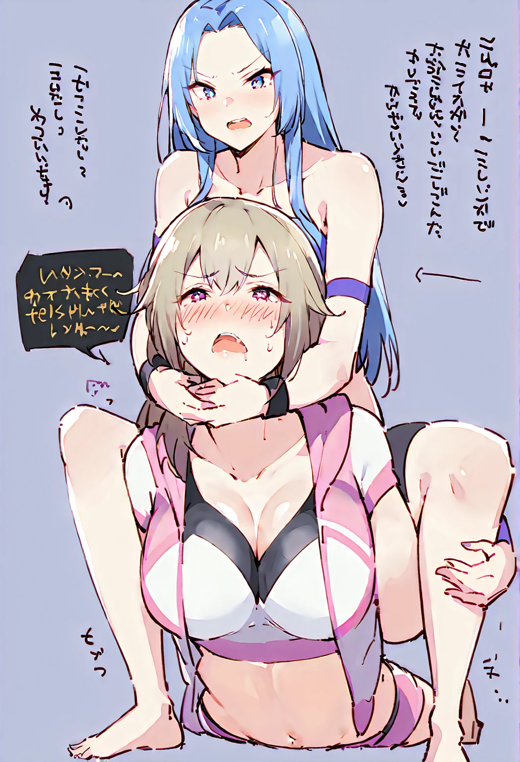 (((masterpiece))),(((best quality))),(ultra-detailed,high resolution:1.2),(illustration),((an extremely delicate and beautiful)),(detailed background), (((((hug from behind)))), sex from behind, standing sex, ((((motion lines)))), vulgarity, (((wrestling ring)))), ((1petit girl)and(1fat man)), hetero, ((((1petit girl,short stature)))),((((miyako(swimsuit)/(blue archive/)))),official style, (slender body:1.4), (long hair,ponytail),white hair,bangs, purple eyes, (small breasts), covered navel, collarbone, pale skin,shiny skin, ((She wears one piece swimsuit,frilly swimsuit, hair ribbon)), ((((panicking)))), (wavy mouth), open mouth, (cum on clothes,cum on body,excessive cum:1.4),cum facial,bukkake,cum on hair,cum in pussy, clothing aside, clothed, (1fat man,tall stature:1.4),large penis, text,