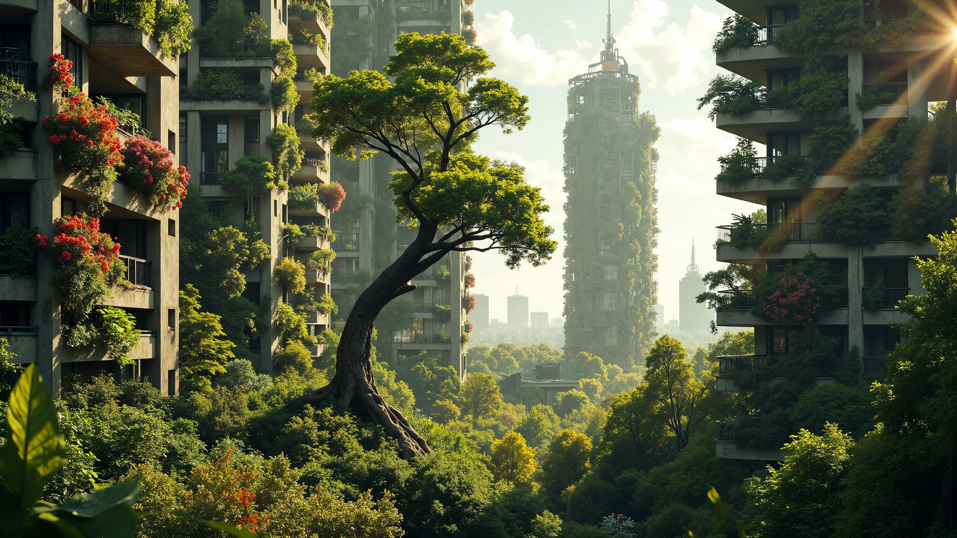 Towering residential buildings rise amid an urban landscape enveloped in lush greenery and vibrant blooms. Each balcony overflows with cascading plant life, adorning the austere concrete facades with vivid splashes of red, pink, and green. In the middle of the scene, a lone tree of fantastical proportions reaches skyward, its trunk twisting elegantly, suggesting resilience amidst the urban sprawl. Sunlight filters through the towering edifices, casting a warm, ethereal glow that contrasts with the cool shadows of the verdant canopy below. This juxtaposition of nature reclaiming a concrete jungle evokes a sense of harmony and tranquillity despite the dense architecture. The atmosphere is mystical and serene, a blend of urban life intertwined with nature's persistence, offering a glimpse into a future where cities coexist with lush botanical life.