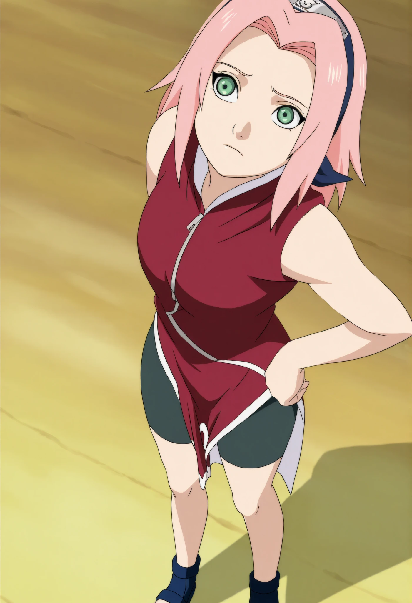 source anime,anime screencap,anime coloring,masterpiece,best quality,Sakura haruno, 1girl, solo, pink hair, short hair, green eyes,,"Red sleeveless Chinese qipao with white trim and symbol, black shorts, black open-toe ninja sandals.", standing,,masterpiece,best quality,amazing quality, ,, shinny eyes 