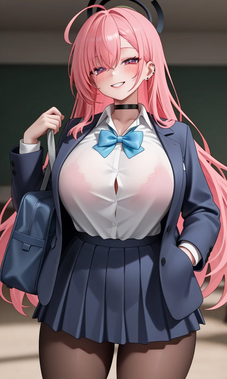 female teacher、A radiant smile、Long skirt、suit、Earrings、Glasses、brooch、belt、Pink Hair、Red eyes、Large Breasts、Too big breasts、classroom、gigantic breasts,bursting breasts、best quality, perfect skin