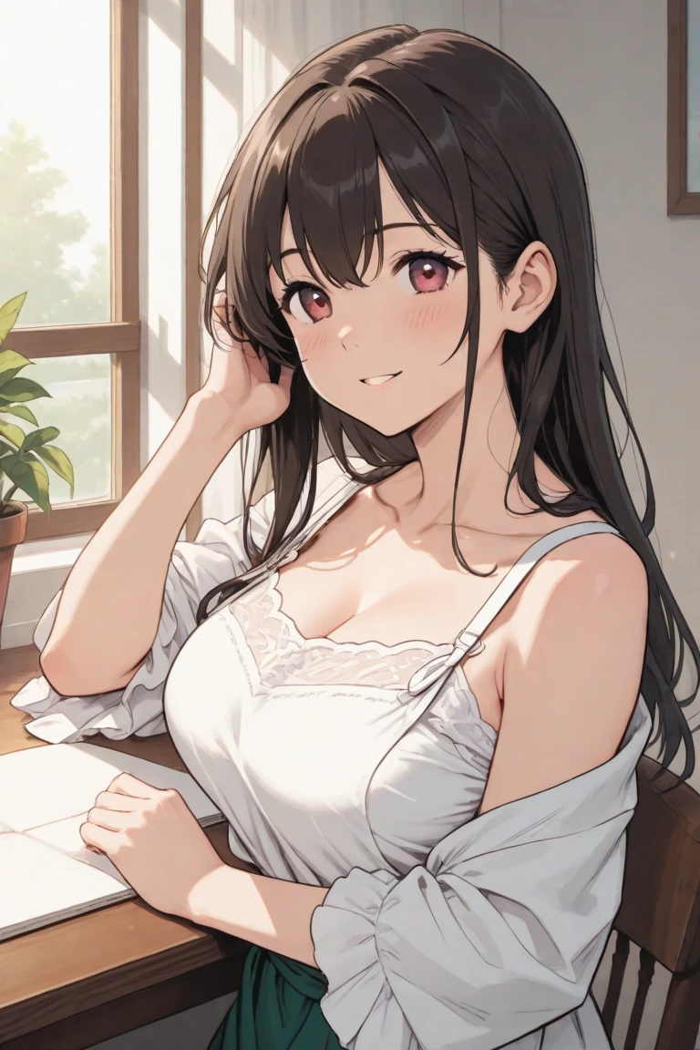 (open arms for viewer :1.5),(on back),Realistic, real person, (pale skin: 1.2), RAW photo, photorealistic, portrait photography, shiny skin, shiny hair、 (A 35-year-old woman with bangs) and (wavy hair) and (brown hair) and (Orange Eyes) , (business suit:1.5)and (Wearing a white collared shirt),smile,(blush:1.5),Cleavage、Sleeping on the sofa、(alone:1.5)、