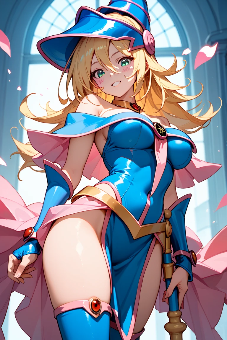 ((Dark Wizard Girl Yu-Gi-Oh!))、Super Breasts、Thick thighs、blonde、magic circle、8k, 4K, Highest quality, High resolution: 1.2),Wink、Expose one breast、Cute anime face、Pink blush on cheeks、Noise Reduction、Tight leotard