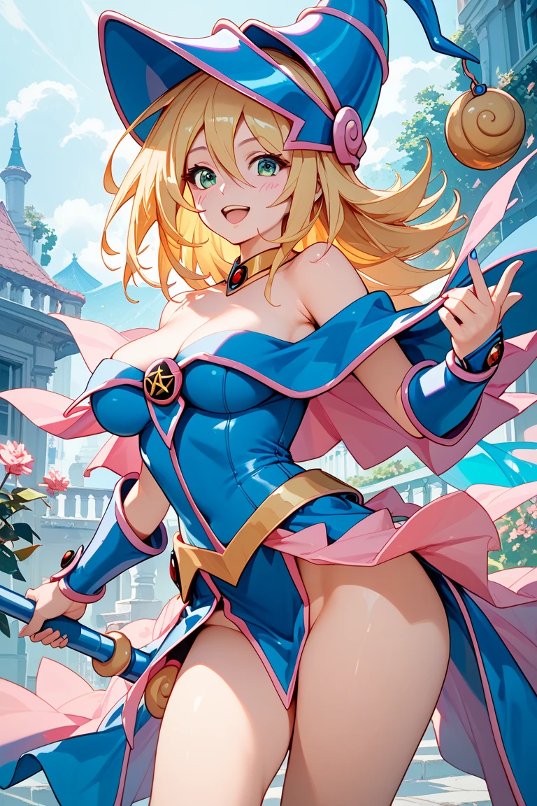 Black Magician Girl、super breasts、thick thighs、blonde hair、magic circle、8K, 4k, highest quality, High resolution: 1.2),winking、Nipples exposed、cute anime face、Pink blush on cheeks、noise removal、Leotard that bites into、have a cane、Hold your cane、Rear view、Turning around、full body portrait、T-back that digs into your butt、Glowing green eyes、Laughter
