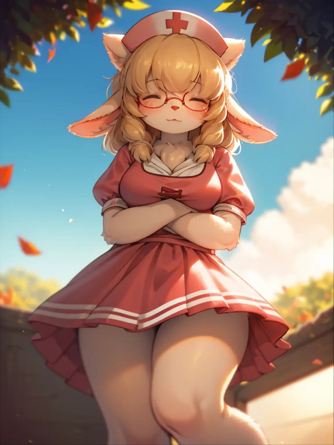 (Sumilux f1.4 50mm , low Latitude old color negative film , cross process , bokeh, flare, chromatic aberration , soft focus, (Shallow focus) , soft glow , Maximum aperture, High Key , Transparent depiction) , focus face , sheep mom nurse , (Woolly hair over eyes:0.8) , round glasses , (Freckles:0.85) , in the hospital , Hide body lines Nursing uniform , portrait photo , (curtsey) , upskirt , 2 melons , Clumsy , Fall , Crash