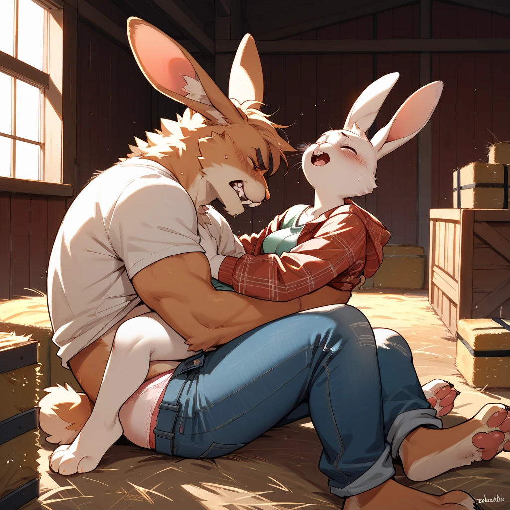 Medium muscular, rabbit, light gray, light gray rabbit, naked, sucking a penis, By mystikfox61