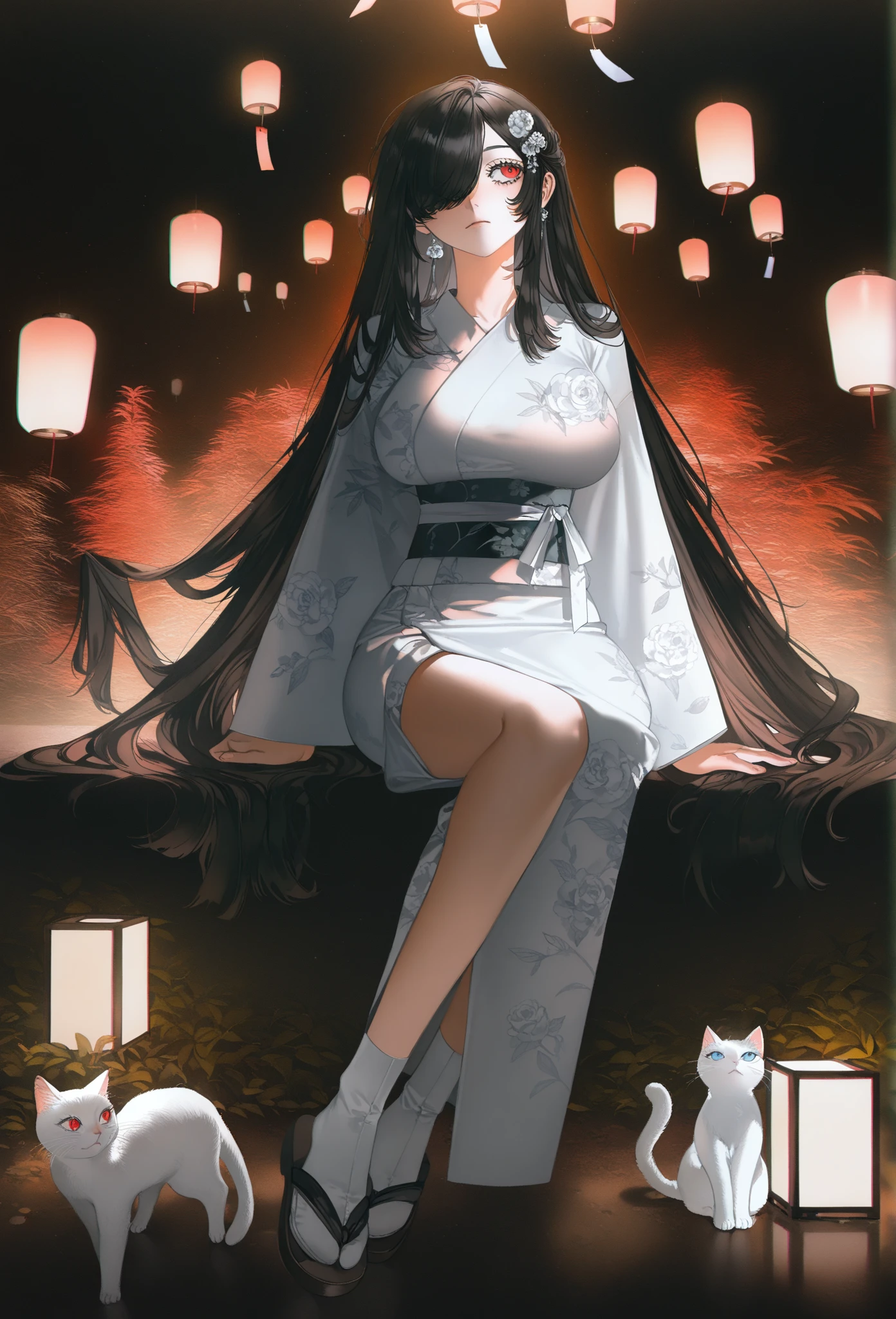 highest quality, (masterpiece:1.35), wallpaper, (figure), original, (Depth of the bounds written), (1 girl:1.35), (alone), full body, dynamic, detailed face,mature woman, adult, (old:1.3), medium breasts, interesting, Happy,shrine maiden clothes, flower trim,unusually long hair, black hair,Dog ear volume lighting, fallen leaves, Tyndall effect,