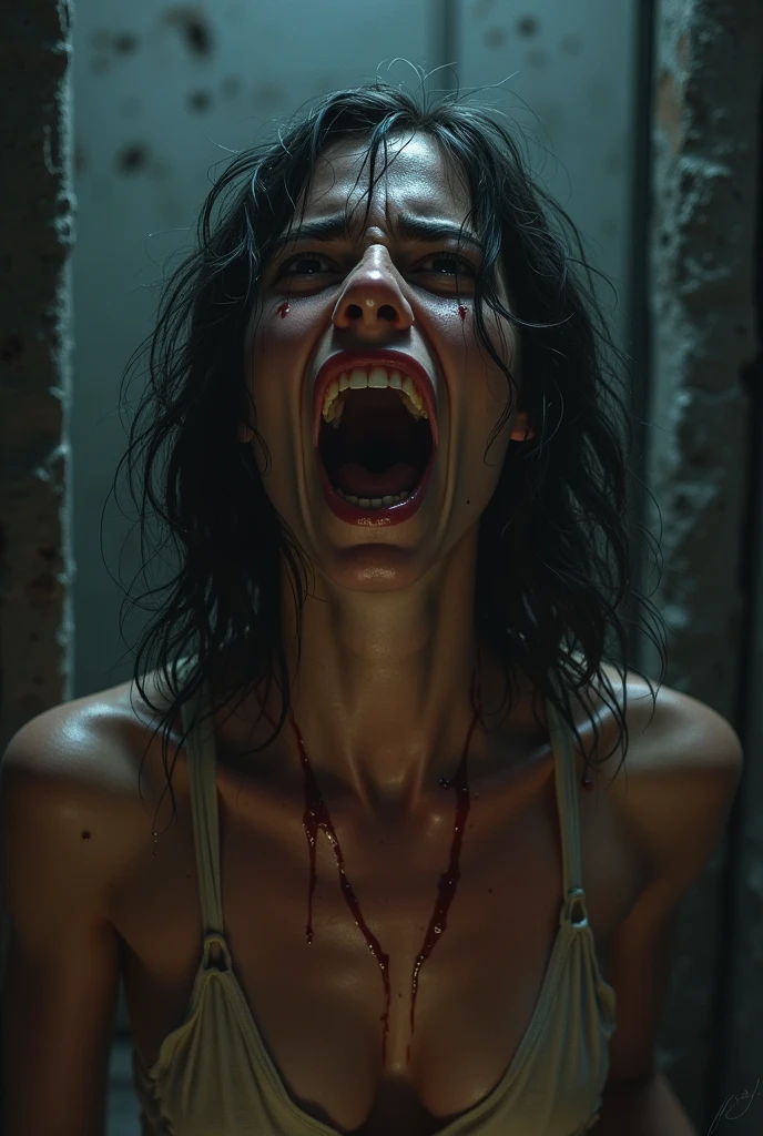 Lara croft screams in agony as her ample breast got stabbed with knife , bleeding, gore, horror