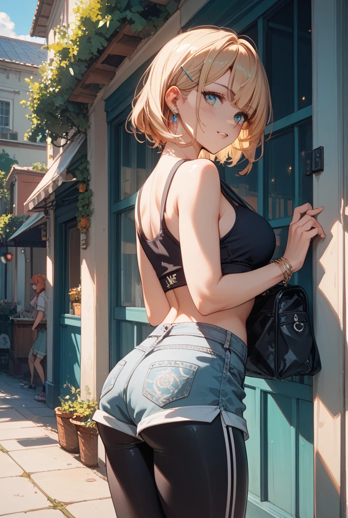 best quality, masterpiece, small breasts, little girl, smile, lingerie, outdoors, alone, anime style, outdoor deserted street, daytime, blue sky, blue eyes, detailed eyes, medium hair, blonde hair, loose hair, bangs, butt,