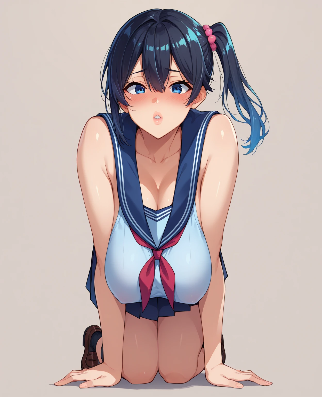 TheSpirit ,((blue skin)),green eyes,navel, solo,dinamic pose, defined body, blush, embarrassed, show , SpiScho,very Long hair, fingernails, (insanely detailed, beautiful detailed face, masterpiece, best quality), wide hip, school, mini skirt, nylon crop top, underboobs, big breast, thighhighs, stockings