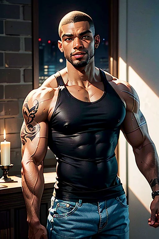 Guy wearing tight black leather tank top,standing in simple studio background,big biceps,muscular poss,wearing black leather pants,muscular body,abdominal muscles,nipples,chest