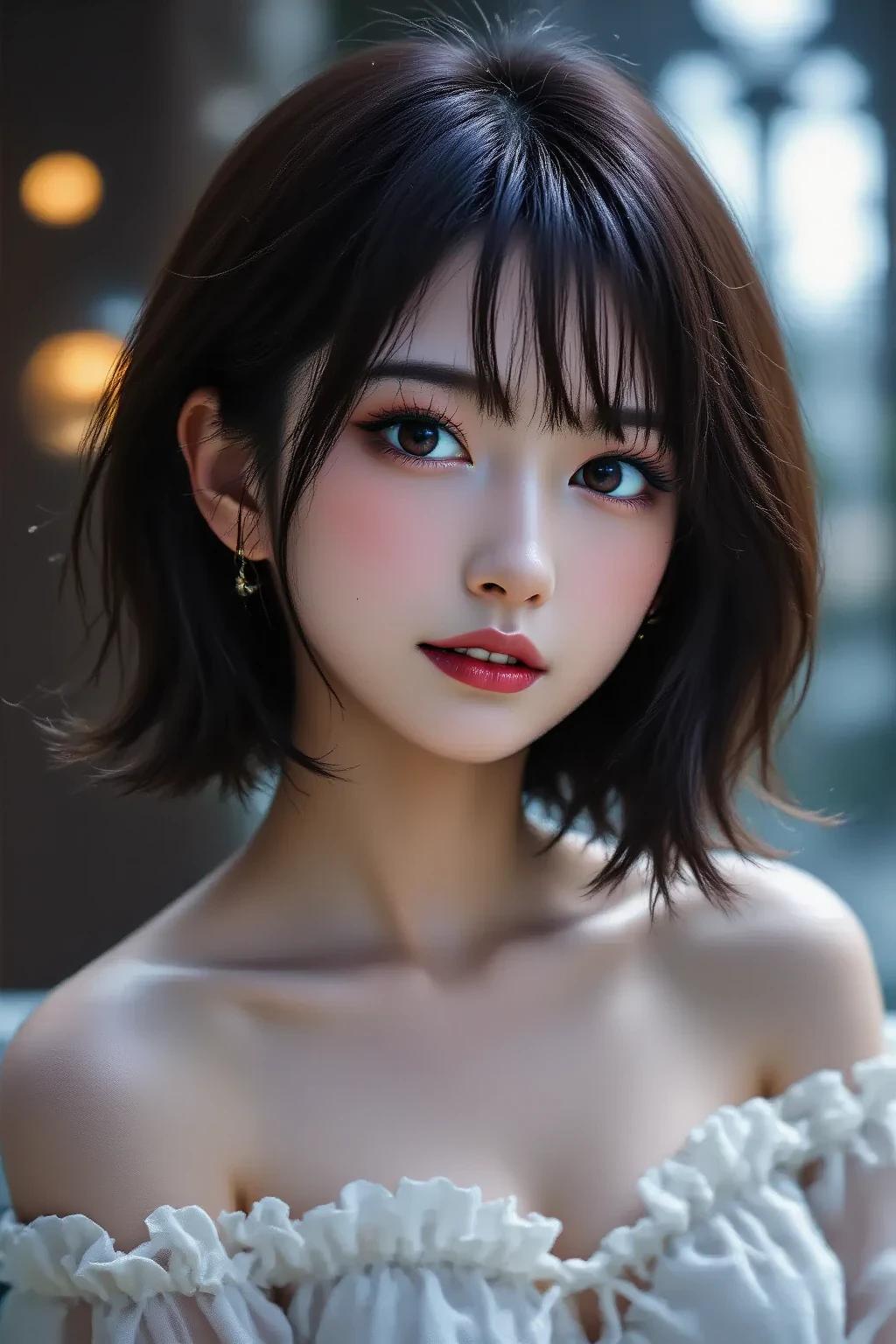 (1 nogizaka girl,raw photo,photo realistic:1.5),(best quality, high quality,HDR, highest quality,ultra high resolution,high resolution,high res,ultra high difinition,huge file size,8K,2K wallpaper,8K wallpaper,high quality texture,amazing,an extremely delicate:1.4),one girl, Japanese famous idol,beautiful face,small face,absurd,ridiculous,incredibly ridiculous,blurry background,(cleavage,no makeup:1.2),medium skin,beautiful skin,detailed skin,black hair,silky hair,(Japanese eyes:1.3),detailed eyes,black eyes,Japanese idol eyes,triangle eyes,Japanese nose,5-fingers,(Light Particles, Lens Flare, Luminous Particles: 0.7),looking at viewer,bright lighting,professional lighting,girl
