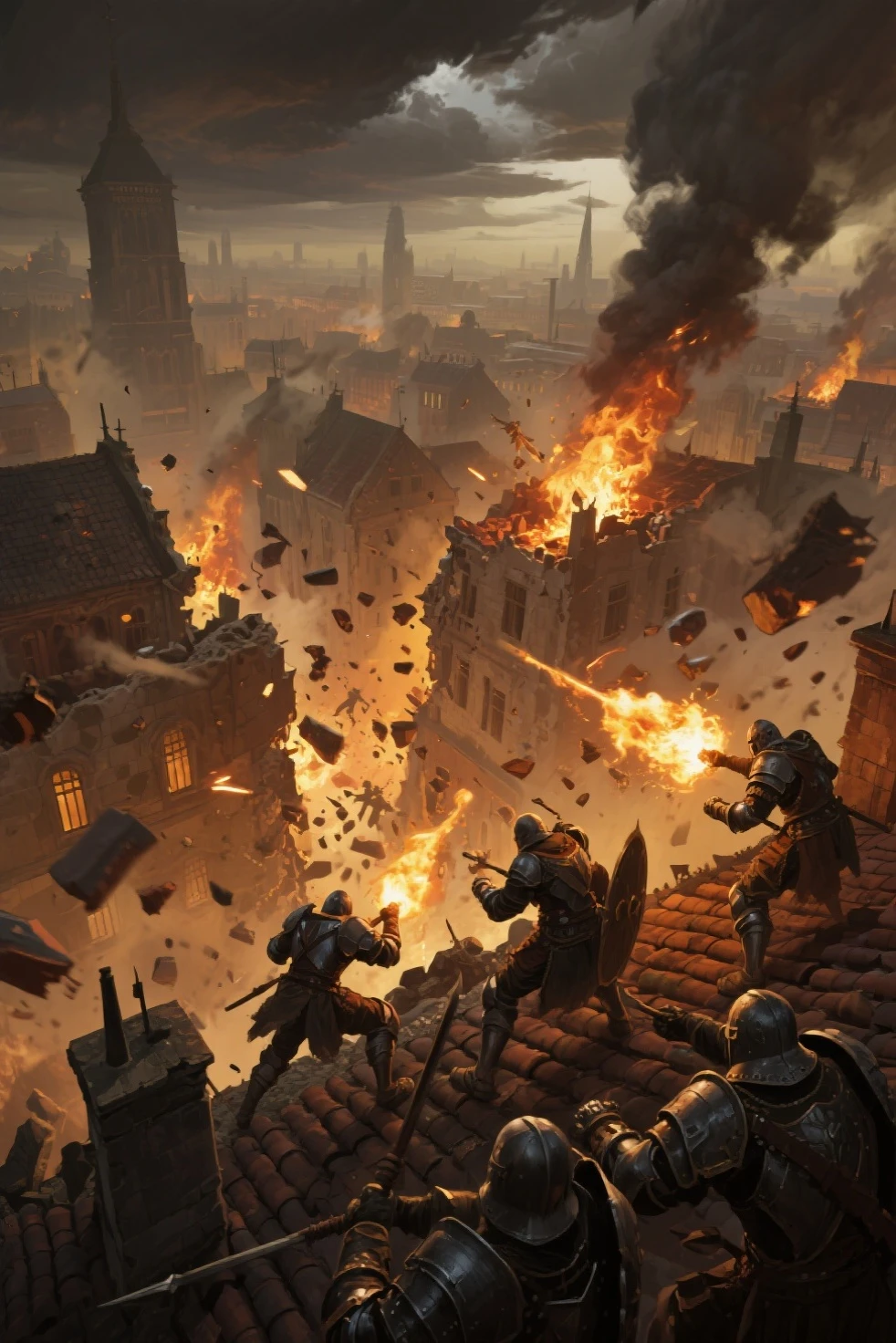 Despite the full counterattacks from two alliances and heroic spirits, they still feel a great threat, a battlefield filled with collisions of flames and energy, the air filled with the scent of gunpowder and electricity, , 32k, best quality, masterpiece, super detail, high details,