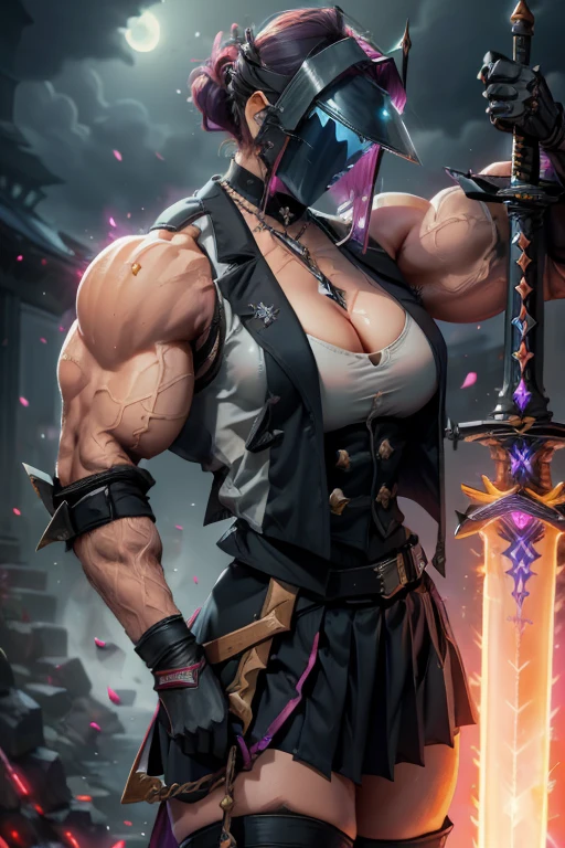((((Massive, beautiful, buff, muscular pale white skinned female ninja with violet purple hair, black lipstick, ginormous bulky muscles, holding a violet purple fire sword and wearing a purple cybernetic ninja armor with pants)))), (close view), black eyeliner, massive muscles, large breast, massive biceps, hyper muscle triceps, (long hair with long bangs), black eyes, mask, ninja boots, In a futuristic city, steel ninja armor, nighttime, closed smile, hyper muscles arms, hyper muscle legs, ginormous arms