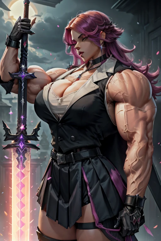((Close-up)), tall, (violet purple hair) beautiful muscular woman, long hair with long bangs, pale white skinned, large breast, closed smile, (black lipstick), (massive muscles), (hyper muscle), ((ginormous bulky muscles)) black eyes, (((violet leather vest))), (((long pleated skirt))), ((carrying a violet fire sword)), choker, boots, in a mystical school,