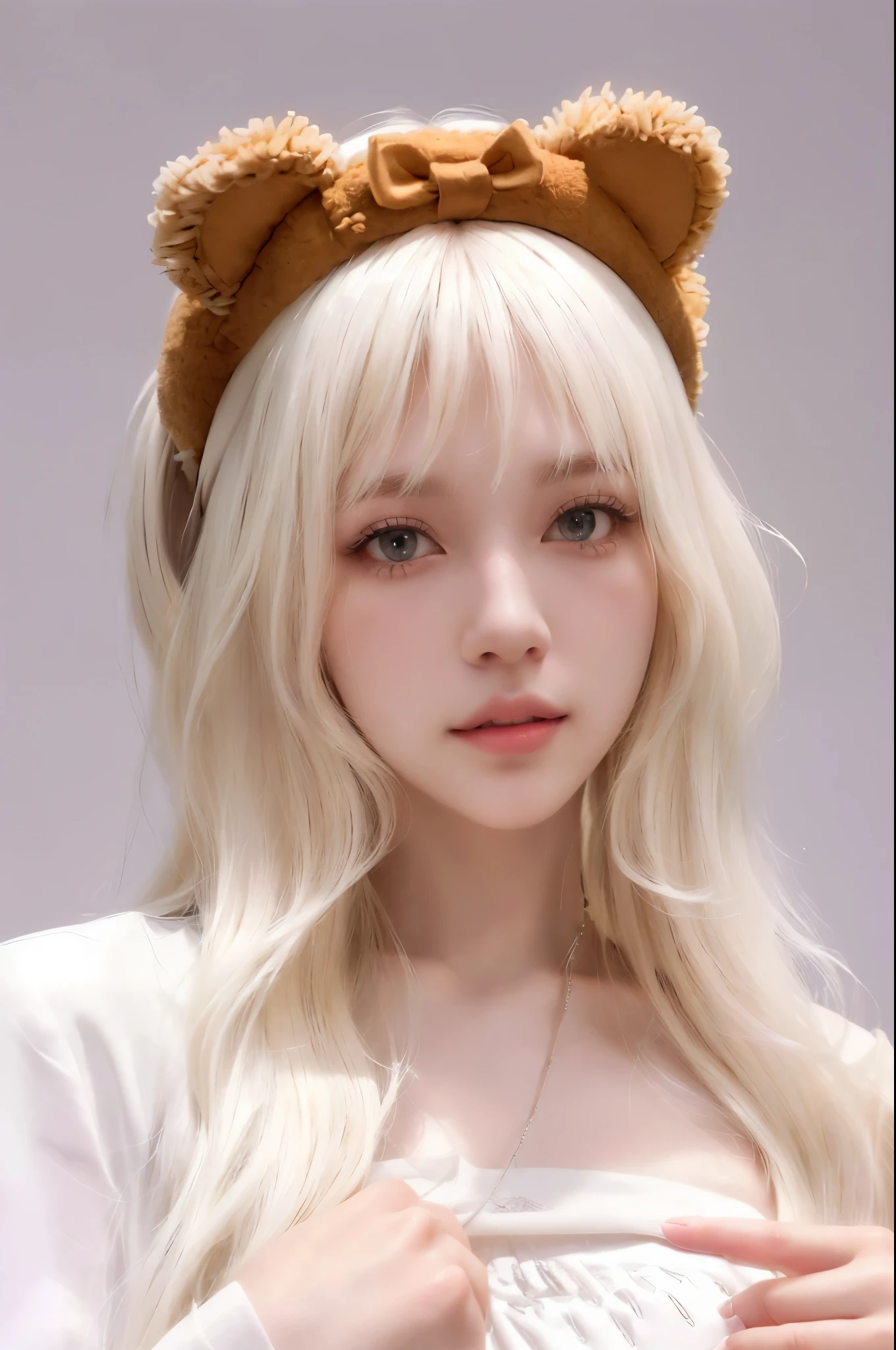 Blonde girl with a teddy bear headband and a white shirt, long white hair and bangs, white fringe, with long white hair , girl with white hair, perfect white-haired girl, with long white hair, beautiful young korean girl, Lalisa Manoban of Blackpink, extremely pale blonde hair , Korean female idol portrait , anime girl in real life, korean girl
