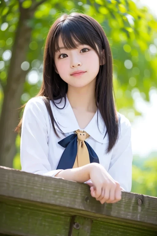 Scene of a young woman relaxing with a long-haired Papillon puppy。The woman is wearing a white short-sleeved blouse.、She is smiling gently while looking at the dog.。The dog is looking at the camera、It has distinctive brown fur。The background is a hazy park scene.、The overall atmosphere is warm and friendly。She has short black hair、Has fluffy bangs that fall on the forehead。The face is round、Has big brown eyes。Her eyes are sparkling.、It has a slightly moisturized shine.、Emotions are abundantly expressed。The eyes are slightly open、I feel interest and curiosity。Also、Long eyelashes、It enhances the sparkle in your eyes、Full body portrait、shoes、Bare legs、
Two hands、Two legs