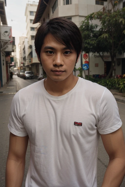 Ting ia a 20 years old man a chinese Indonesian. Wearing T shirt and bring a package in the street