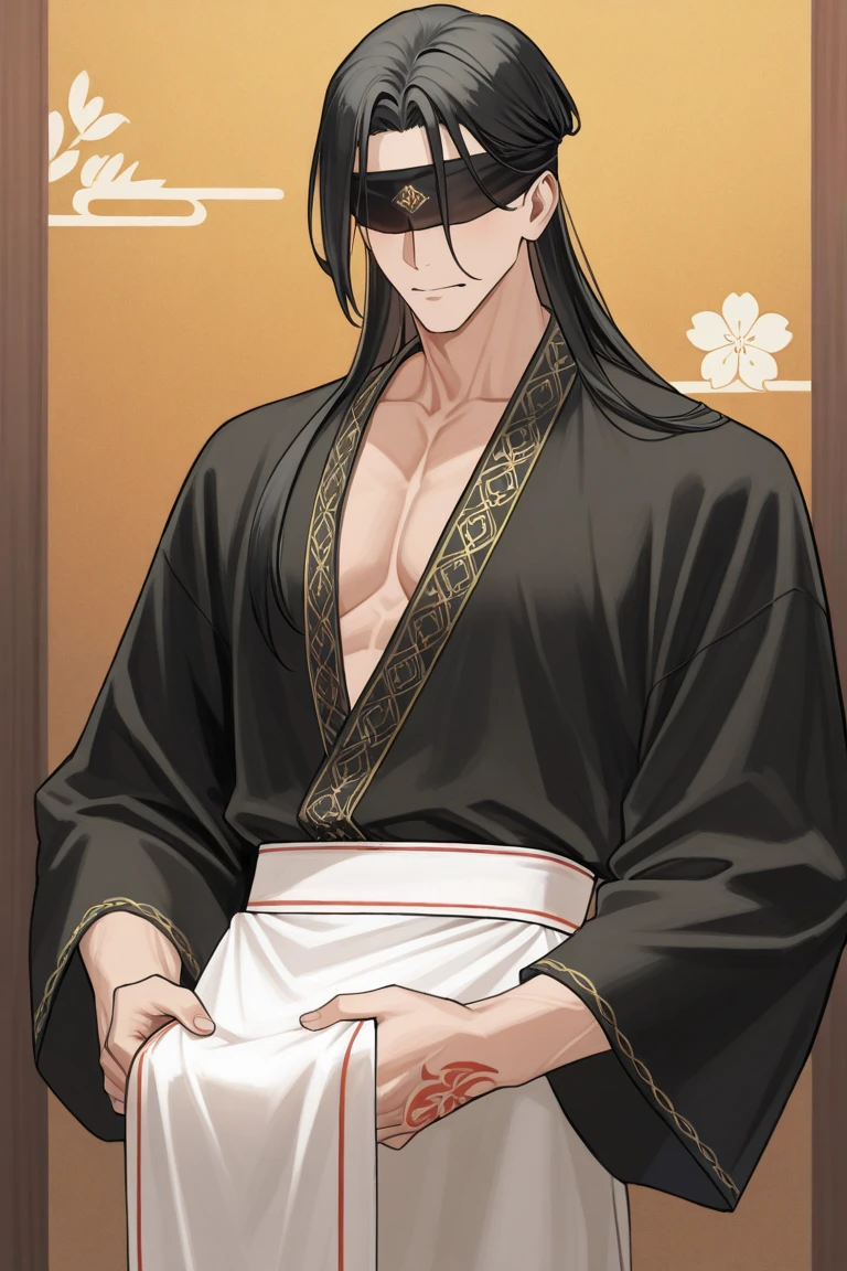 (masterpiece, best quality:1.2), 1male, solo, jiang cheng, mo dao zu shi, mdzs, purple eyes, long black hair, perfect anatomy, in chinese traditional room, nudity, nude, sexy, full body, pervert smile, pervert face, night, sweat, wheeze