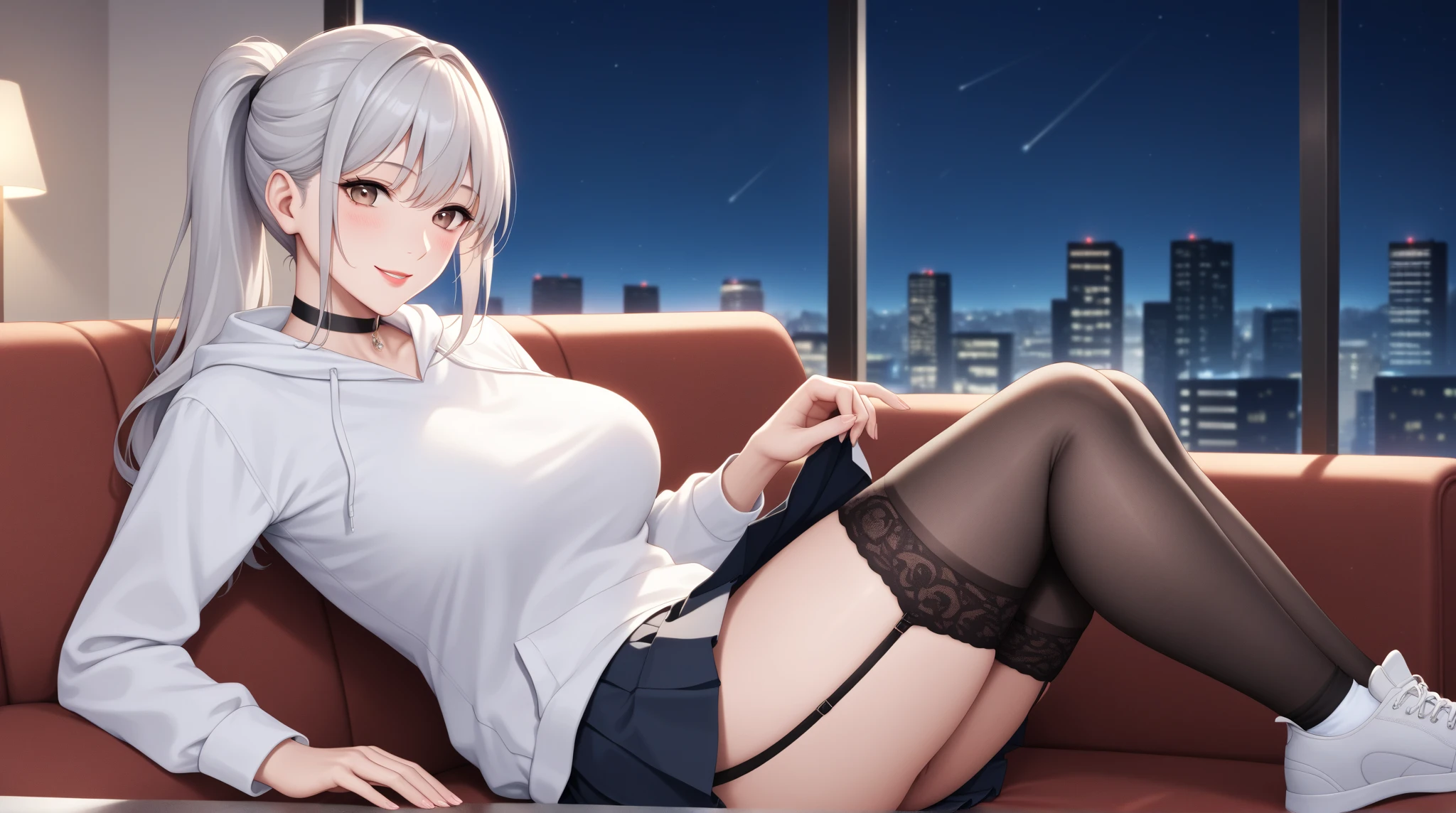 masterpiece, highest quality, Ultra-high resolution, Ultra-fine, 4K, 8k, highest quality, beautiful, Cute Woman, alone, (beautiful,Gray Hair, beautiful eyes, Long Hair, smile), Crossing your legs,suit,Bedroom,night,necklace, Earrings, accessories, bag, Great lighting,Excellent resolution,, Audio Notes