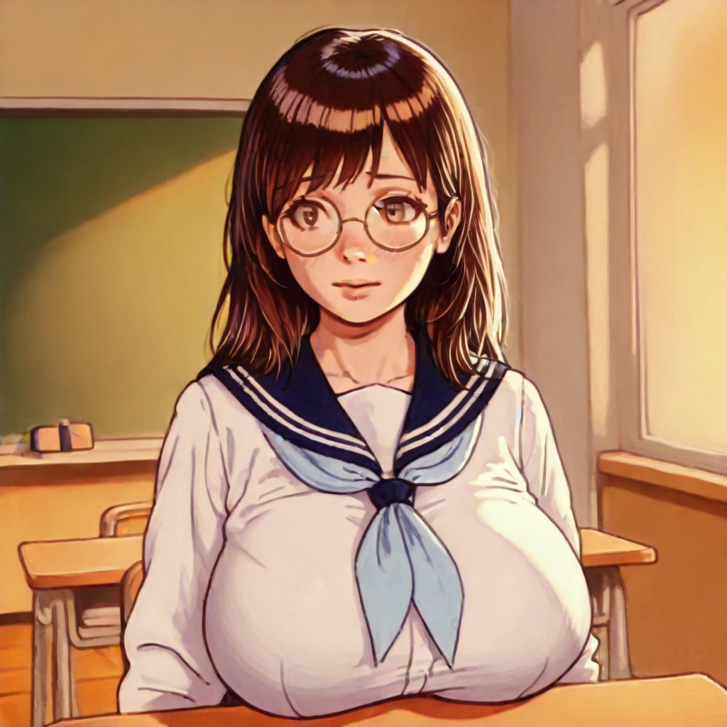,buruma,braid,glasses,cowboy shot,1990s,anime art style,anime screencap,((embarrassed)),spread legs,(nsfw),(nude),(((((gigantic breast))))),((dropping breast)),slim waist,(masterpiece, highest quality, detailed background),perfect anatomy,(perfect face),saionji_nana me,1 girl,hair ornaments,twintail,Happy,Are standing,classroom,arms bihind head