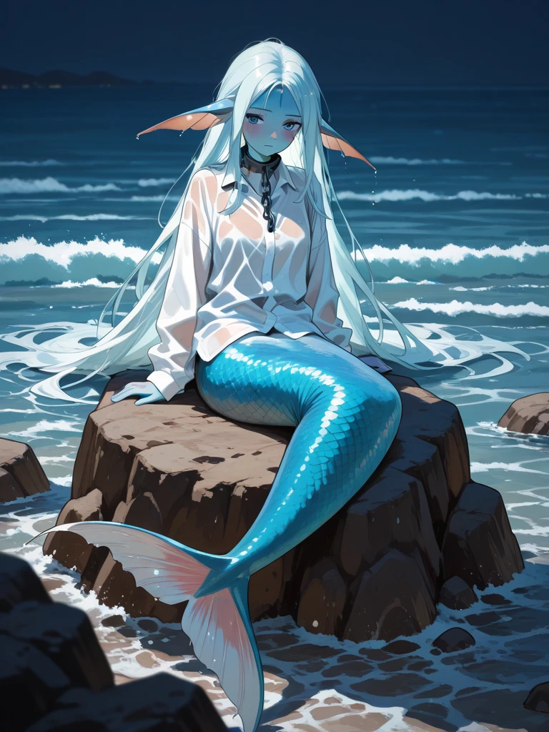 Male, mermaid, fair skin, long white hair, blue eyes, silver fish tail, water surface
