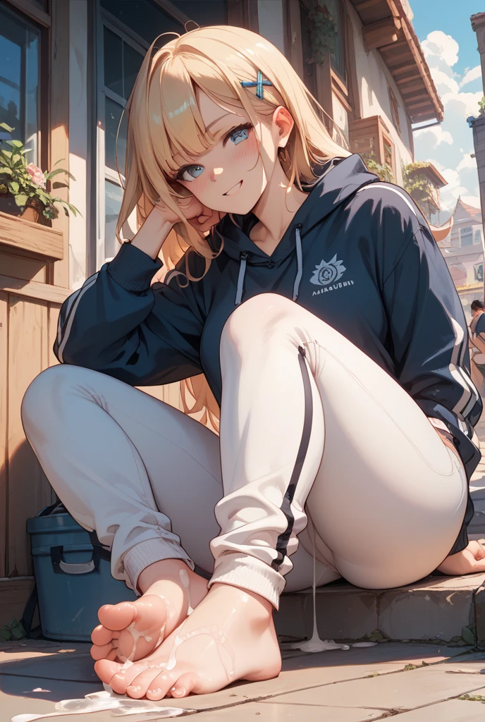 best quality, masterpiece, small breasts, smile, sweatshirt, leggings, outdoors, anime style, grass field, daytime, blue sky, blue eyes, detailed eyes, medium hair, blonde hair, loose hair, bangs, lying down, ass,