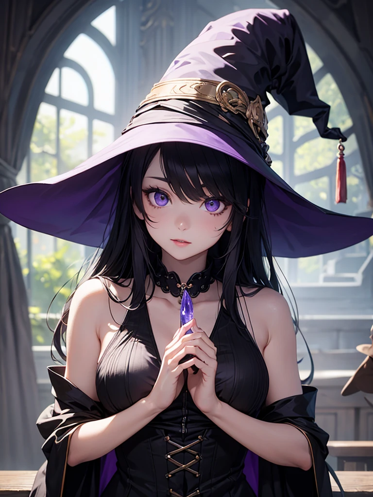 (masterpiece, best quality, high quality, highres:1.4), extremely detailed, ambient soft lighting, 4K, Original Character Portrait Of a Stunningly Beautiful Witch Girl Petite build Slutty Alluring Eyes Clean Hair Devious Smile, Suggestive Clothing