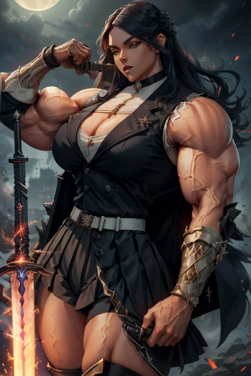 ((Close-up)), tall, (black hair) beautiful muscular woman, long straight hair, light brown skinned, large breast, closed smile, (black lipstick), (massive muscles), (hyper muscle), ((ginormous bulky muscles)) gray eyes, (((black leather vest))), (((long pleated skirt))), ((carrying a black fire sword)), choker, boots, in a mystical school,