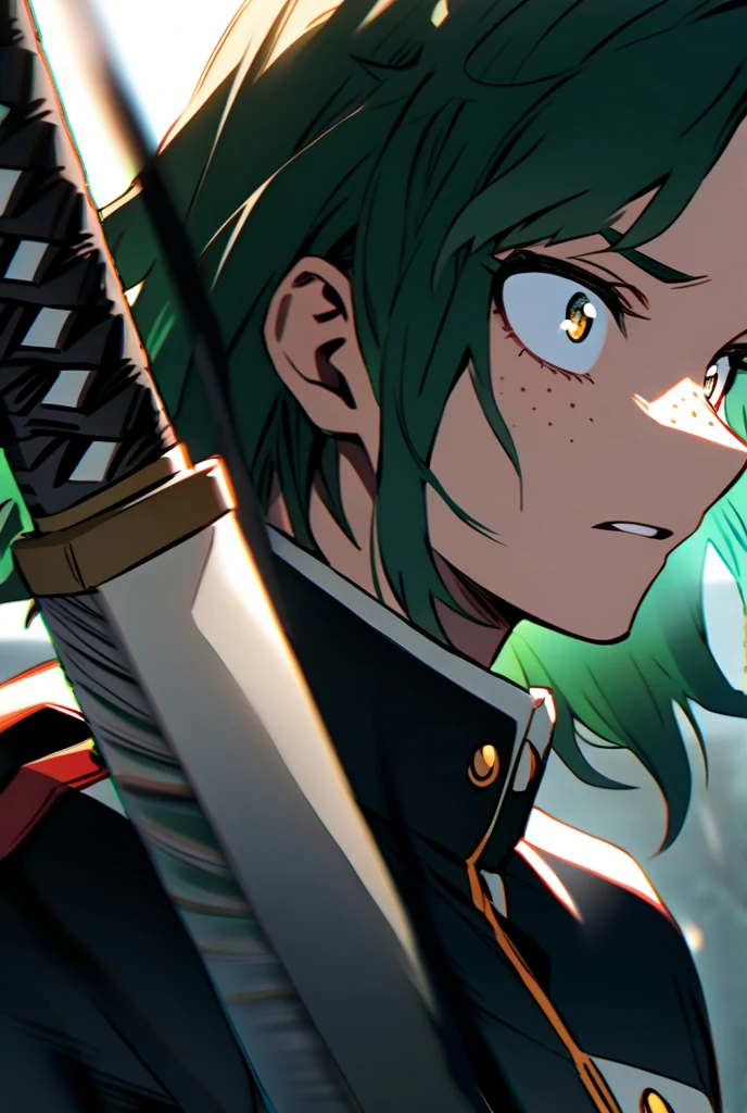 Man, thin and defined body, long green hair, green eyes, bruised and scarred body, dark green coat, training field background, "Anime character design inspired by Naruto, full of dramatic and impressive lighting, focus on the centralized character, impressive face, full of creative details, ultra-fine 2D design, scenery bathed in creativity, boasting 2D anime resolution clarity, HD anime graphics, high-octane rendering"