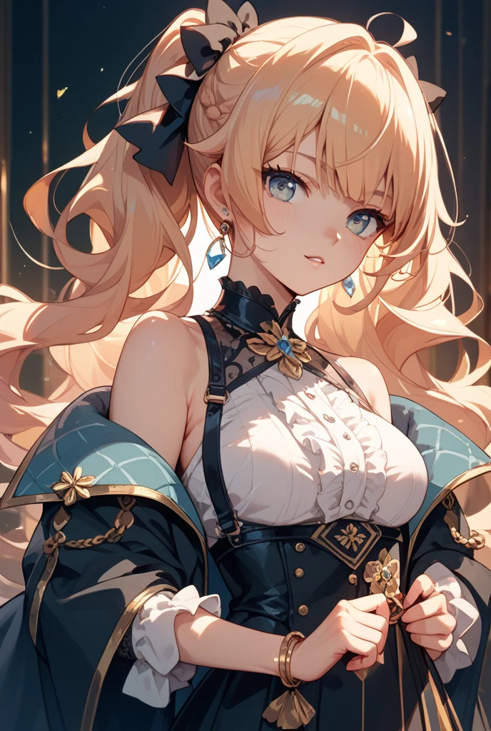 [navia (genshin impact)]:1.5,((masterpiece,highest quality,Highly detailed images,Beautiful images))1.4(navy images、A dynamic pose、night scene、A magical night city、Overall dim lighting、Backlight、A fantastic atmosphere、Thick Fog、Dust flutters)1.3,(Close-up image of navia)1.1、(Great cleavage、Exposing cleavage):1.2
