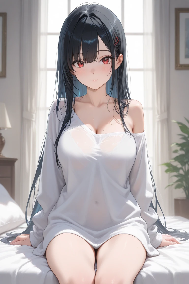Detailed facial details,1 girl、Cat ear,Black long hair, Charming red eyes, Radiant Skin,Nurse hat,red lips,Pure white bra,Denim shorts,White socks,Slim,Large Breasts,Facial details are very detailed, handcuffs,Collar,Hospital,Sitting at the table