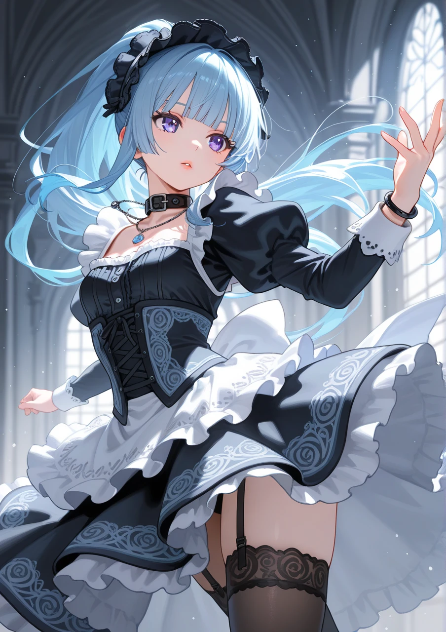 (Highest quality、Highest quality、Masterpiece、Very delicate、Very detailed、Exquisite、16K、Full HD)、1 female、(Black Gothic Lolita Mini Skirt Dress、Skirt in the wind、ribbon、White frills、Brown tights)、Perfect body line、Glowing Skin、(Groomed eyebrows、Pink Lips、Blue Eyes)、(Blue Hair、ponytail、Shiny Hair)、Dynamic Pose、Dramatic lighting、(Milky Way、milky way、Starry Sky、Fantasy)