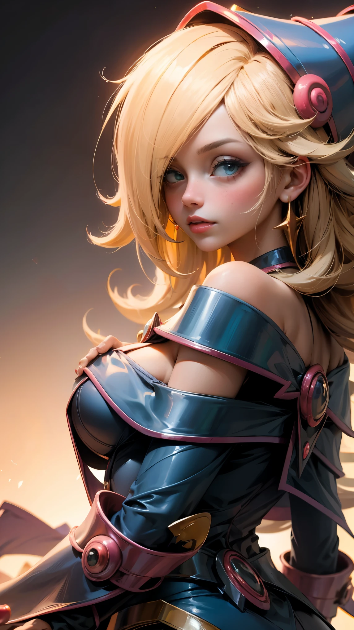 beautiful dark magician gils . long castaño hair. Cabello rizado. Rizos. . Cefe eyes. Red lips. Large, thick eyelashes . smiles. blush on cheek. visible breasts, from the back and looking back.