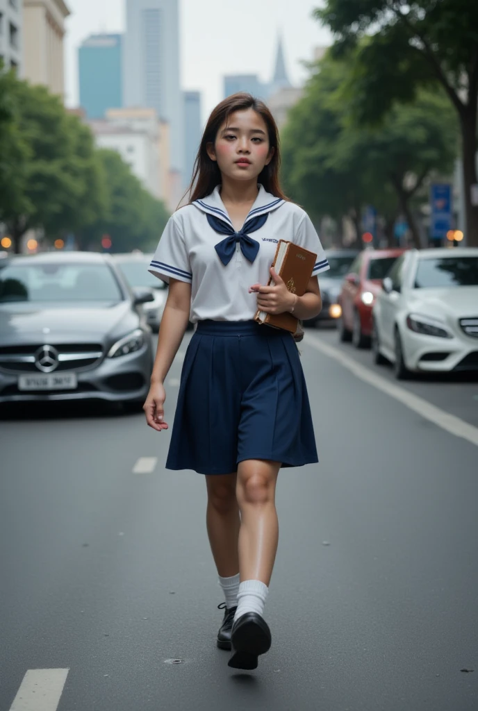 (8k, RAW photo, best quality, masterpiece:1.2), High detail RAW color photo, professional photograph, (realistic, photo realistic:1.37), ((best quality)),On the way to school, (((a beautiful and cute girl in a junior high  stands on her tiptoes because of her short stature, and holds on to the straps of the train with her right arm stretched out straight:1.68))),((the girl is 13 years old)),feminine,((The girl is 138cm tall:1.37)), ((the girl is baby face)),(((the girl has small cute face))), ((big double eyelid eyes)), ((small cute nose)), ((slim waist)), ((small hip)), (looking at viewer:1.2),smooth hair, smooth skins, ((no manicure)), ((no maked up)), ((no accessary)),(the girl is wearing uniforms consisting of a white open-collar business shirt and a navy blue school skirt),((The girl is hanging on to the strap with her right hand:1.68)),