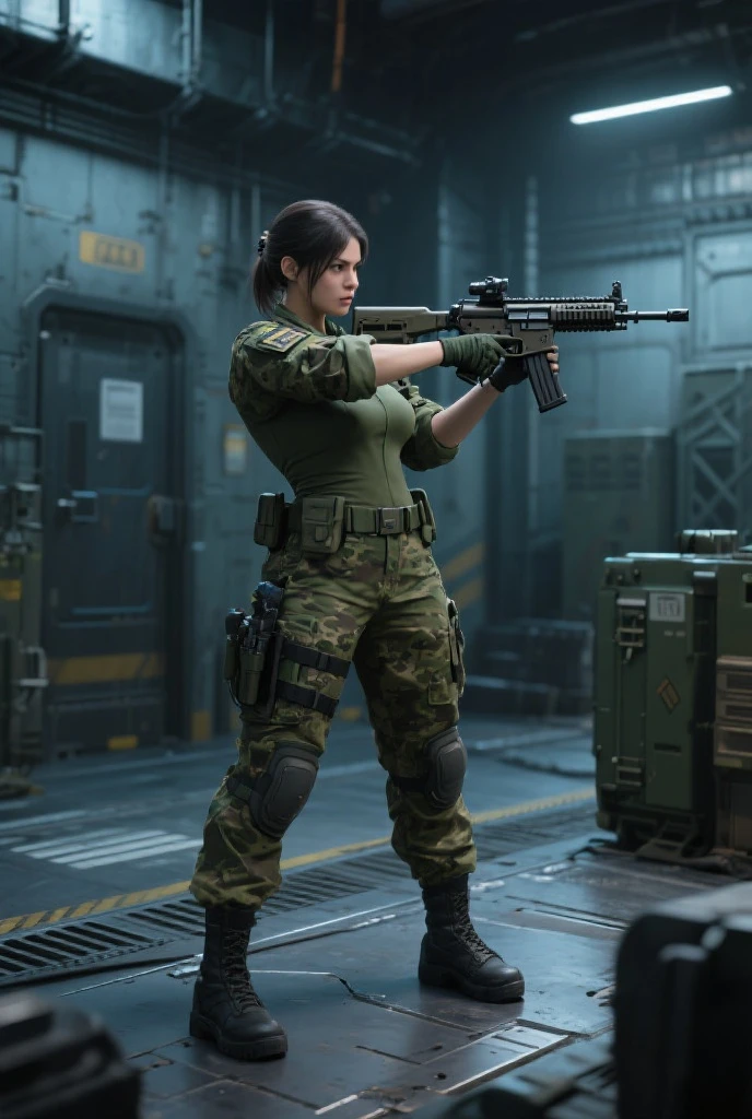 ((best quality)), ((masterpiece)), (detailed), (perfect face) , A fierce (female agent )1.2 in a standing position, wearing (black cargo pants)1.4, (black shirt)1.2, (obscured face)1.3, analog style nofilter selfie, posing in an (indoor training area)1.2, (backlit)1.2, (film grain)1.2, cinematic movie still frame, black sneakers with white soles, various equipment in the background, insane detailed eyes, she holding a rifle,