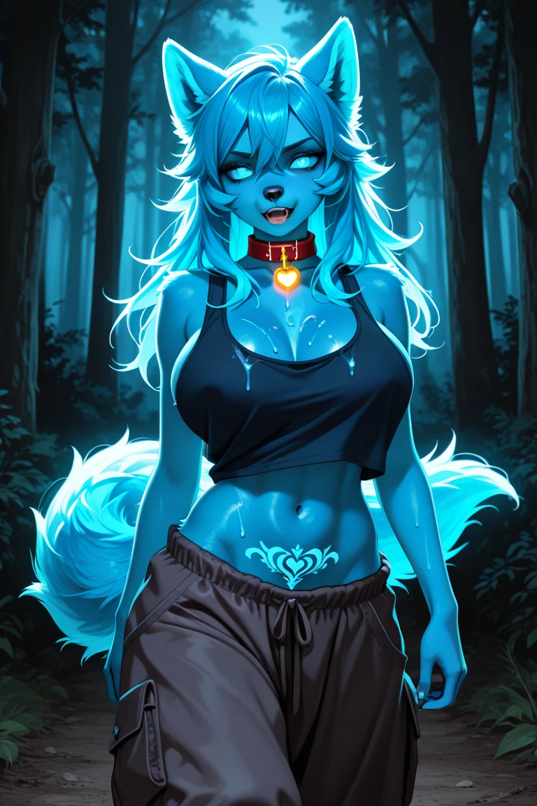 (masterpiece), (best quality), (high res) 2boys, (perfect anatomy) (perfect face), wyvern woman, ((white body)), light blue spots, light blue freckles on face, blues chest, big breast, wide hips thick things narrow waist, tall, long tail, sharp teeth, seductive smile, ((seductive look)), green glowing in the dark eye, black shirt, black mini shorts, ((a single bang of light blue hair in the forehead)), (green glowing horns), long legs, ((long snout)), (((earless)))