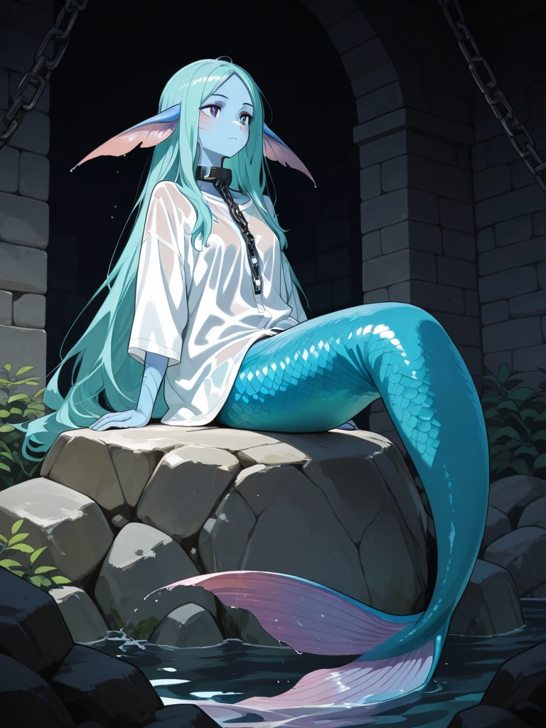 mermaid、A light blue fish from the waist down、Goat horns、small breasts、delicate、Eyes with horizontally long pupils、yellow eyes、brown skin、robe、Navel exposed、white hair、patina decoration、rocky place、sitting、mountainous area