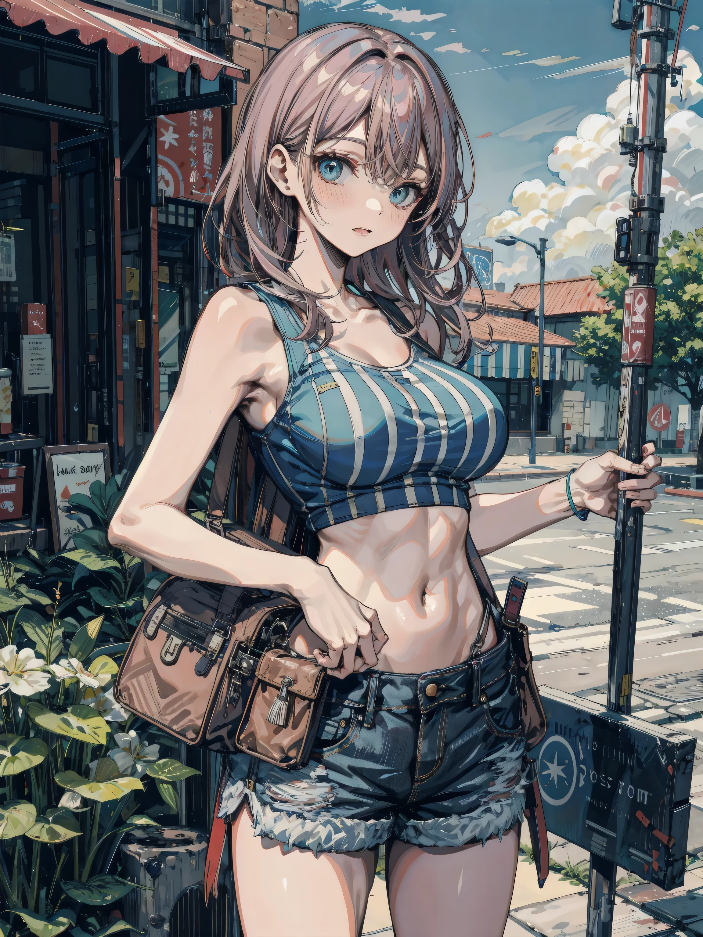 sexy young girl, long hair strong red hair, de blue eyes, Short white off-the-shoulder shirt, bright blue short jean shorts, mirada happy, happy, short brown boots, walking, con su hija pequeña de cabello gris de blue eyes, little daughter gray hair, blue eyes