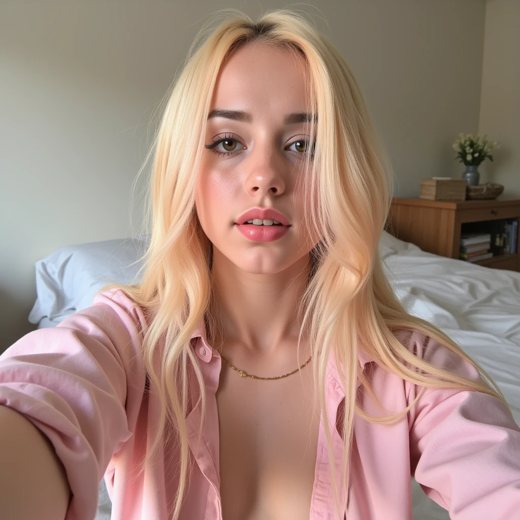 arafed 24 years old spain woman with blonde hair and a black top posing for a picture, a pastel inspired by Rose Henriques, tumblr, realism, kylie jenner, blonde wispy hair, blonde hair, ava max, light blonde hair, with blonde hair, pastel hair, blonde straight hair, bubblegum hair, light blonde hair with blonde flames, spanish girl, big breasts, wearing pink suit, pink suit, looking at the camera, selfie photo, selfie, close photo