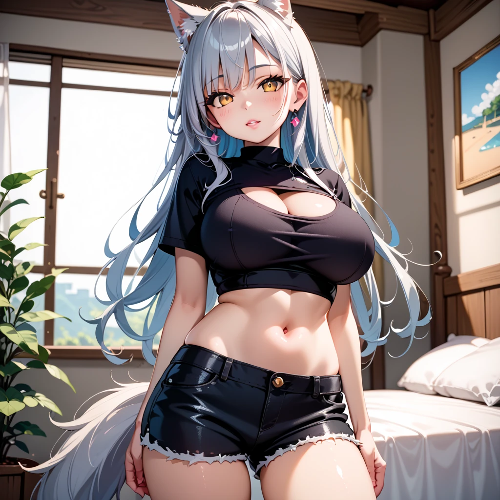 high resolution,Cat ear,Two dimensions,comic style,Sunlight,faint smile,standing posture,Visual lens,simple background,14-year-old girl,white hair,Facing the camera,look up