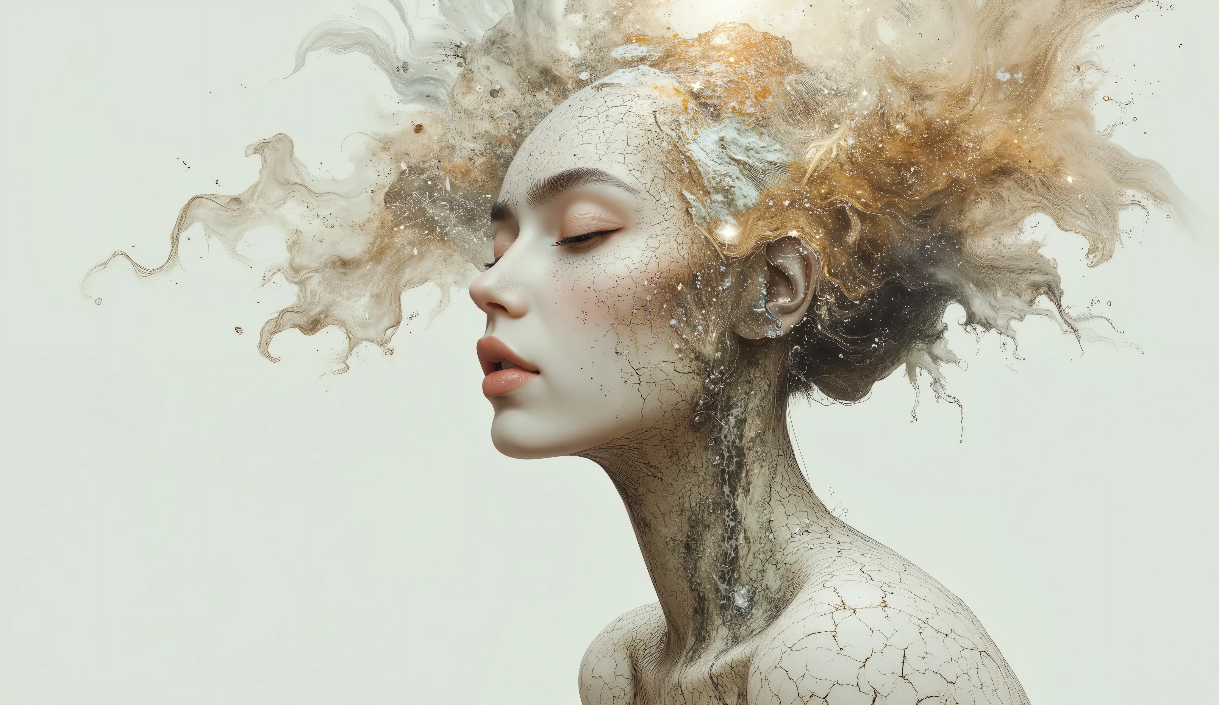 Imagine a surreal portrait of a woman whose face is a mosaic of various textures and materials, including cracked earth, flowing water, and shimmering crystals. She stands in a minimalist white room, with a single beam of light illuminating her face. Her expression is serene and contemplative. The scene is rendered with photorealistic detail, capturing the intricate textures and subtle color variations. In the style of surrealist photography, reminiscent of Man Ray and Salvador Dali, with a touch of modern digital art.