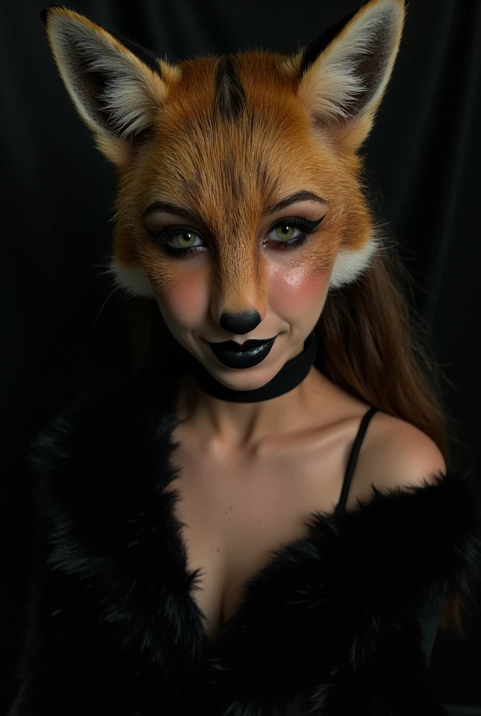 ((best quality)), ((masterpiece)), (detailed), perfect face, woman inside a (fox fursuit), living room, transformation, fullbody inside the costume, except her face, (((human face))), (fox lower body), fox vagina, she wears on her upper face a fox like venetian mask, human lower face