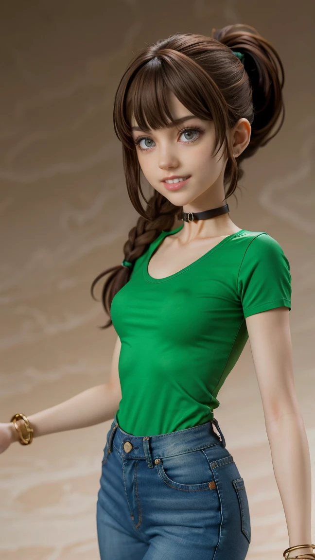 (Muscular:2.5), (thick thighs:1.9),
(light brown haired latina, tan skin, green eyes, blunt bangs, ponytail:1.4), beauty mark, freckles,
detailed eyes, (big smile:1.6), detailed skin,
(small breasts:1.5),
(choker, green shirt, bluejeans, bracelet:1.5),
(upper body view:1.5), (looking at viewer:1.3), (three quarter view:1.4), (from above:1.2), (standing),
(dark bedroom), rim lighting, two tone lighting, dimly lit