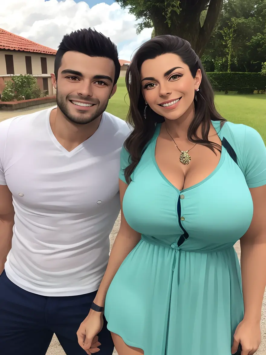 Mulher e homem Latinos, they are both 30 years old, Hugged, romantic pose. They are both sitting on the grass looking at each other happily,  Ela tem muito tempo, cabelo preto ondulado, Rosto chubby lindo, corpo chubby, corpo perfeito, voluptuous and curvy body, seios enormes, bunda empinada, pele oleada, Olhos detalhados, detailed hands. Ele tem cabelo preto liso curto undercut, rosto lindo perfeito, rosto delicado, symmetrical face, ele tem olhos castanho claros, barba feita, fisiculturista corporal, pele oleada, he has a tattoo on his right arm. Both looking happily smiling at the camera. He is a little taller than her. Very high quality photography, 8K, tirada de uma Canon EOS R6. 